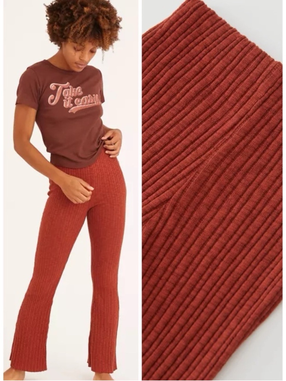 Urban Outfitters women S Rustic Red-Orange Ribbed Knit Flare Soft Pull On Pant